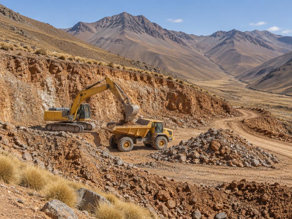 A small open pit where an excavator loads an articulated dump truck on a haul road in a high Andean valley