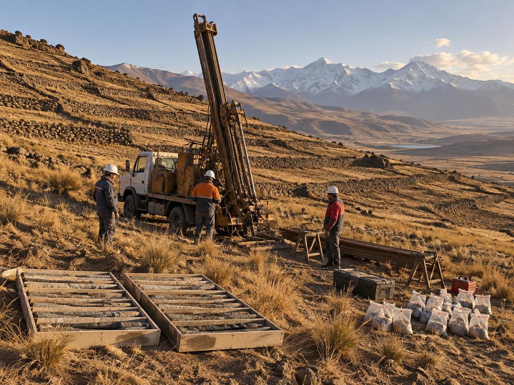 A truck-mounted drill rig working on a terraced hillside in the Bolivian altiplano, with core boxes in the foreground