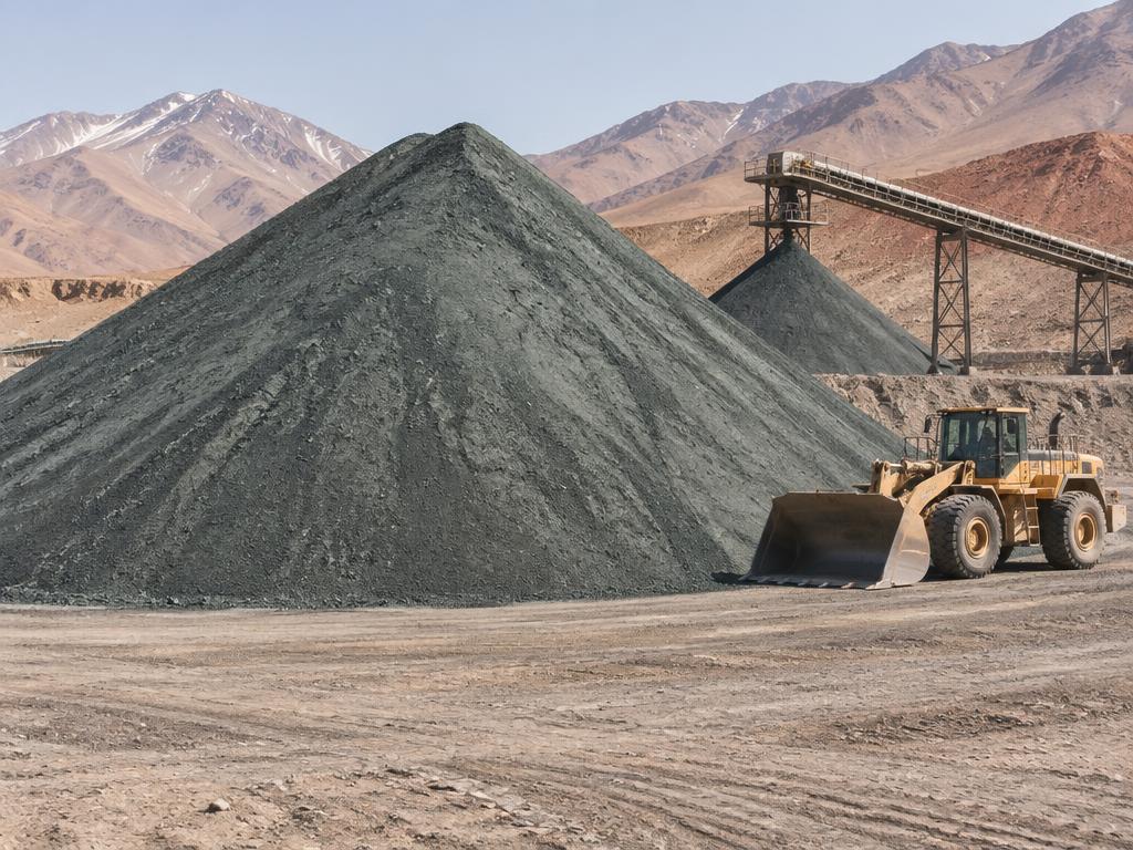 A stockpile of metal concentrate at a bulk handling yard, with a wheel loader and a conveyor under the Andes